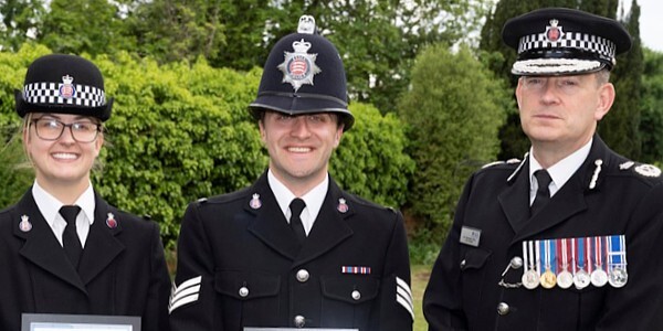 PC Samantha Hilbery and Sergeant Alex Farr with Chief Constable Ben-Julian Harrington
