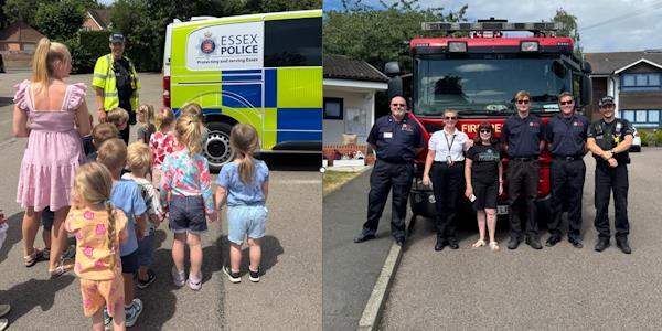 Pictures from Thaxted patrol, Fire Engine with officers in front and PC Sampson speaking to local children