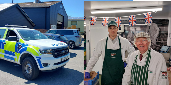 Members of staff working at Prior Hall and a Police car parked outside. 