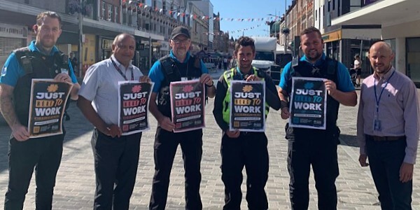 Business crime officers PC Alex Plakhtienko and PC Glen Foote with BID Street Rangers and a Southend City Council community safety officer