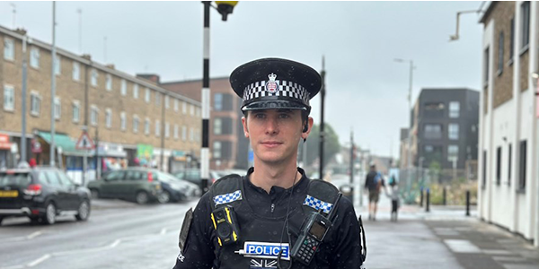 Uniformed police officer on patrol in Tilbury