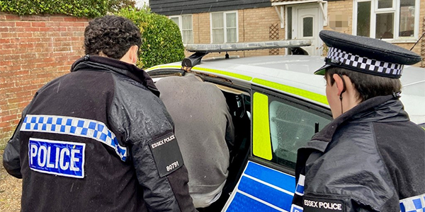 two uniformed police officers put arrested man into marked police car