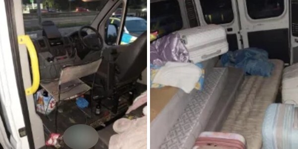 Garden chair for front seat and eight passengers in dangerously crowded rear space with no seatbelts or seating.