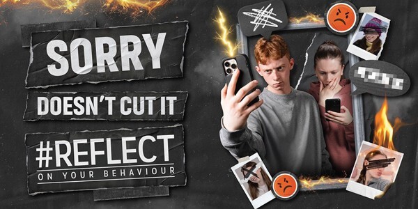 Sorry doesn't cut it - Reflect on your behaviour. Photo of young man and young women with mobile phones.