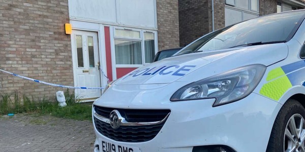Police car and police cordon outside a house in Goda Close, Witham
