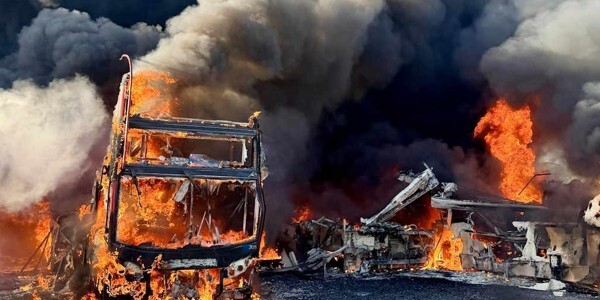 Buses on fire