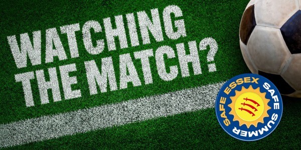 Watching the Match? Football themed graphic with green pitch and football. Safe Essex - Safe Summer