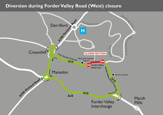 Diversion route during closure of Forder Valley Road (West)