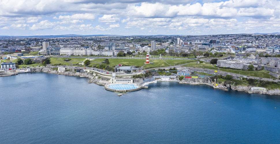 Aerial Plymouth from the waterfront