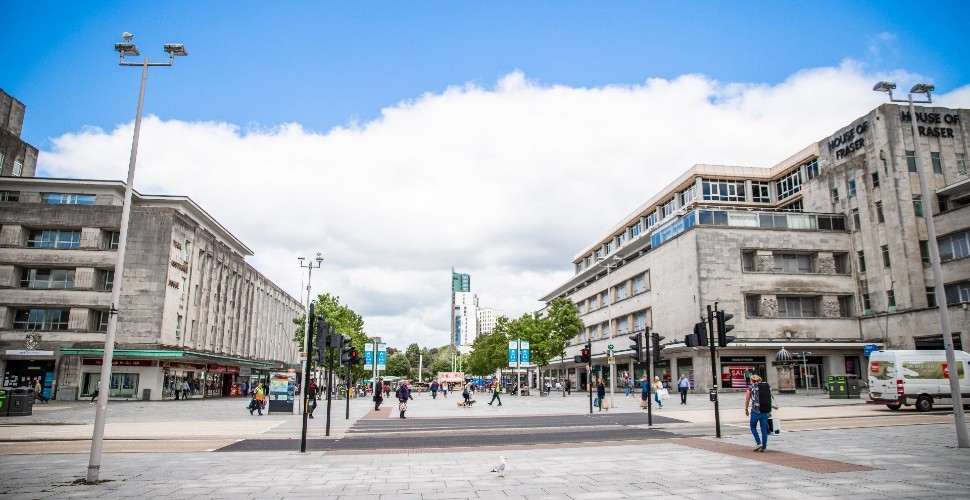 Plymouth city centre, looking across Royal Parade towards the Piazza