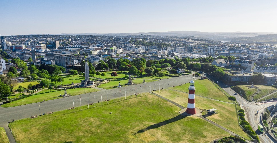 Drone image of Plymouth Hoe with the city in the background