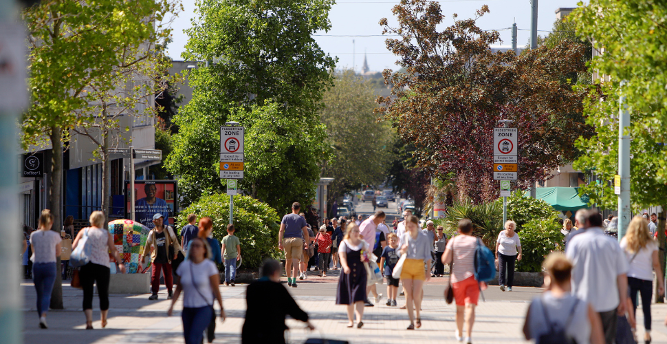 People walking through Plymouth city centre