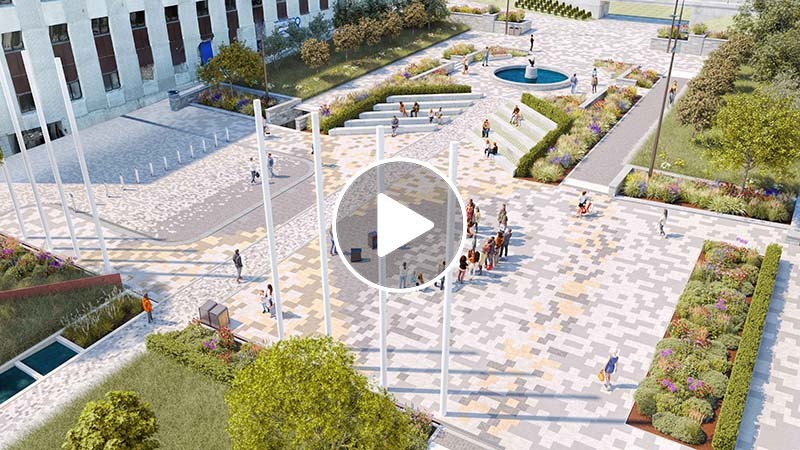 Artists impression of Armada Way events space with a play button for a video