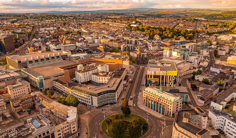 Aerial image of Plymouth city centre at dusk