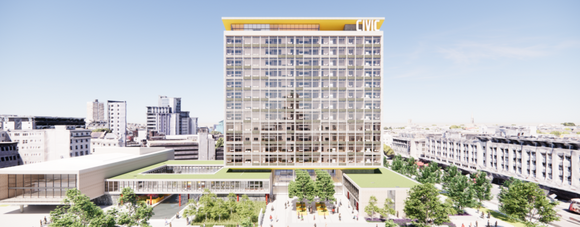 Front view of Plymouth Civic Centre, a tall glass building with "CIVIC" sign, surrounded by trees and modern cityscape.