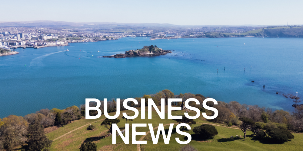 A wide aerial view of Plymouth Sound in daylight. Bold white text overlay reading "BUSINESS NEWS."