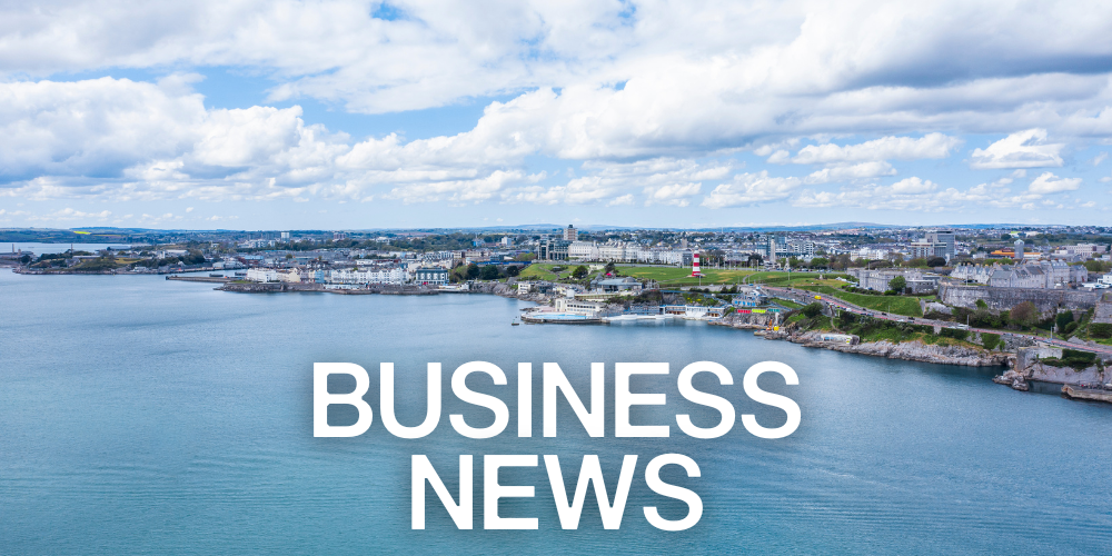 Aerial view of Plymouth waterfront and city skyline under a cloudy sky with the words “Business News” in bold white text across the water.