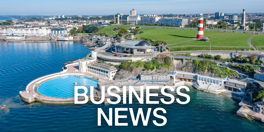 Aerial view of Plymouth Hoe with Tinside Lido, Smeaton’s Tower lighthouse and the waterfront, overlaid with large white text reading “BUSINESS NEWS”.