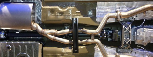 Underbody of a car showing the exhaust system