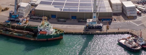 Cargo ship in Portsmouth port credit Solent Sky Services 