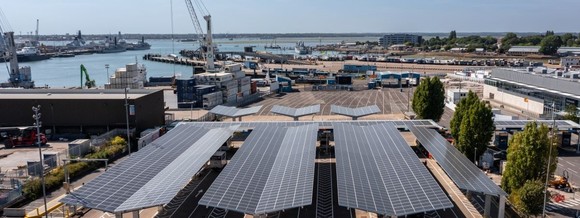 aerial view of port showing solar panels