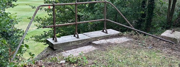 a railing in a forest that's recently been cleared of debris