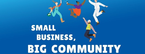 small business community written on a blue background with people dancing
