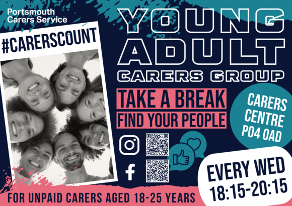 Group of young adult carers smiling together on a poster promoting weekly support sessions for unpaid carers aged 18–25.