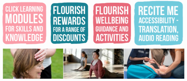 Banner showing four Flourish features: learning modules, rewards discounts, wellbeing activities, and Recite accessibility, above wellbeing photos.