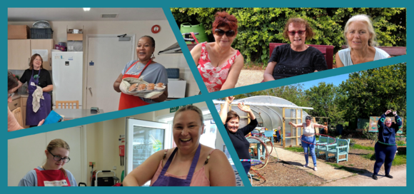 Collage of carers break activities showing baking, socialising and hula hooping sessions at a community garden and carers centre.