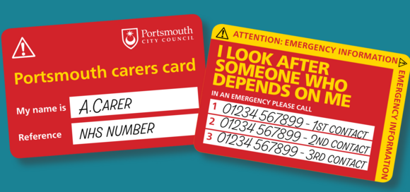 Portsmouth Carers Emergency Card showing carer details on one side and emergency contact information on the other.