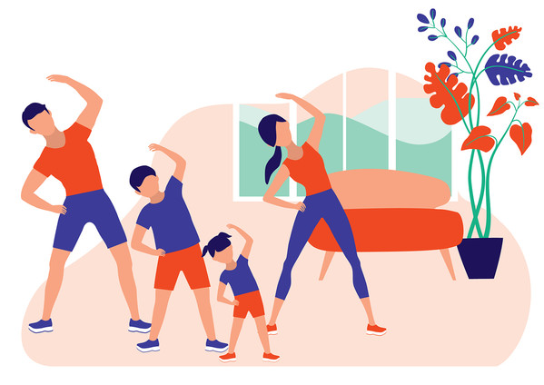 illustration of family working out in front of the TV