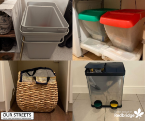 Collage of images of indoor recycling receptacles 