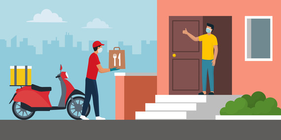 Virtual image of man delivering food to person standing at doorway