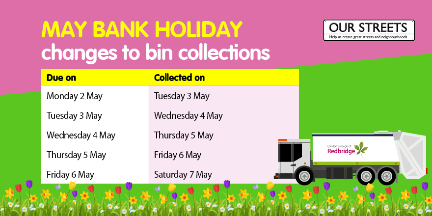 Dates of revised bin collections with image of bin lorry