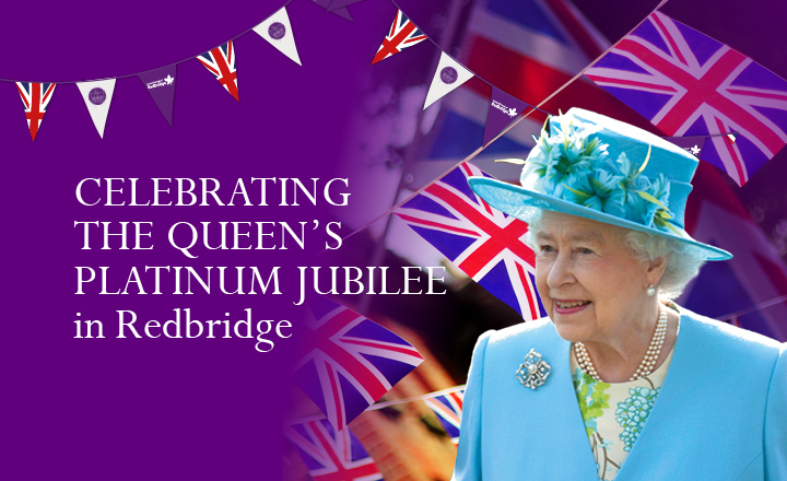 Queen with Union Jack flags in background