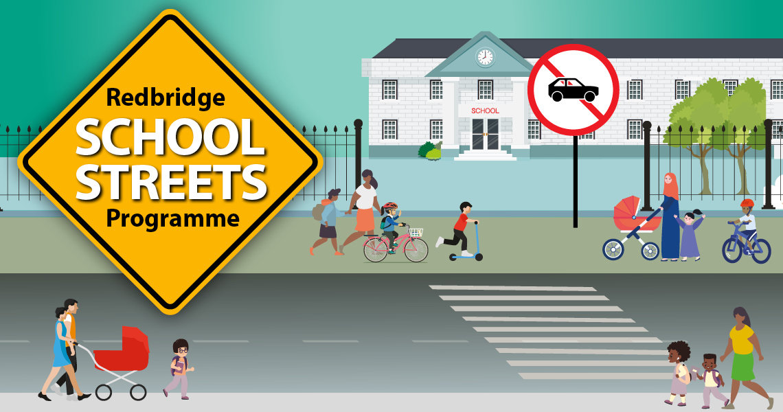 Cartoon image of a street outside a school