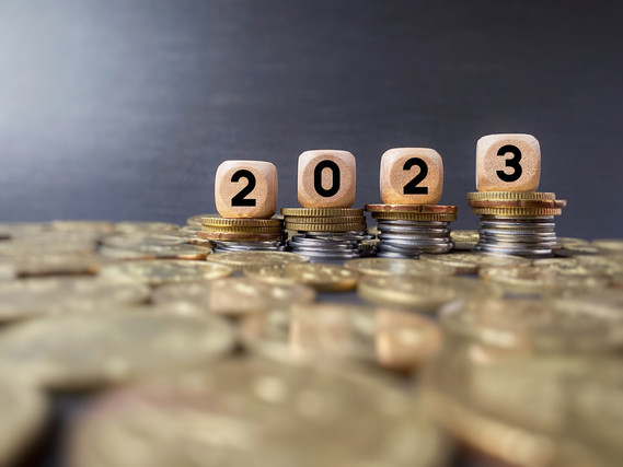 Finance and Economy of New Year Concept. 2023 text on wooden blocks in vintage background