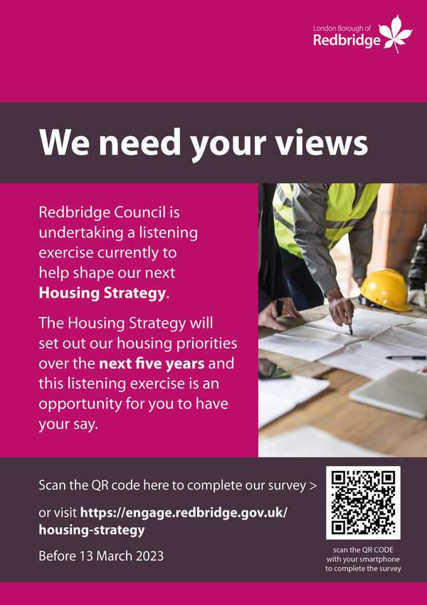 Poster describing a survey for housing in Redbridge