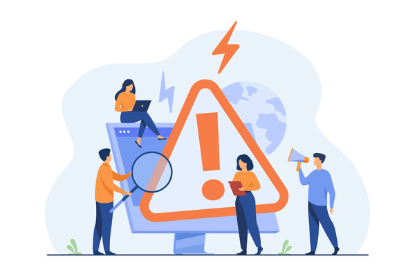 Tiny people examining operating system error warning on web page isolated flat vector illustration