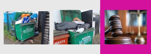 Collage of rubbish bins and court gavel