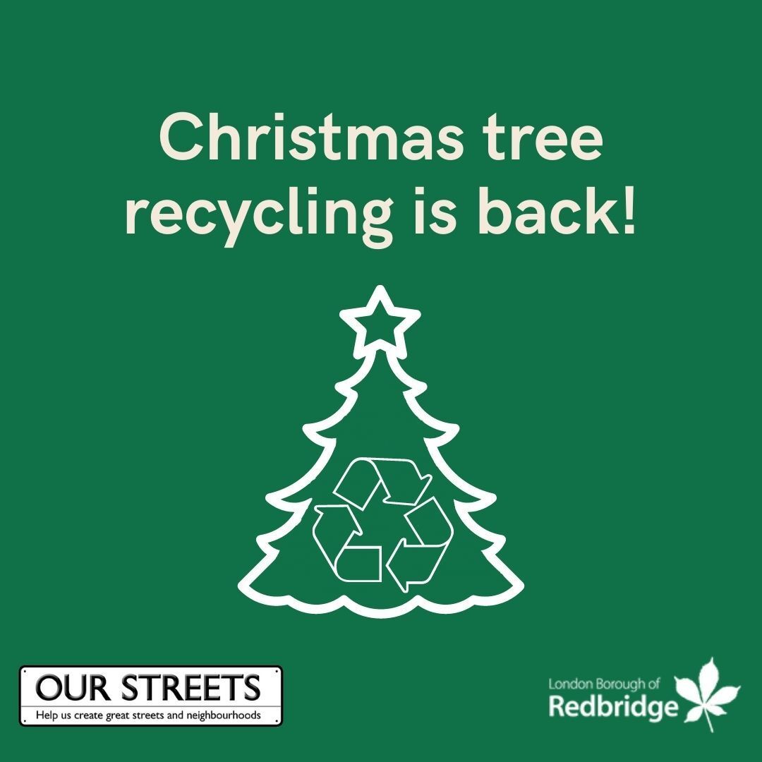 Graphic of Christmas tree with text saying Christmas tree recycling is back