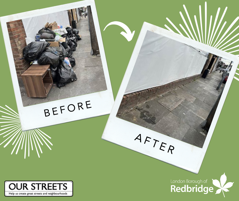 Before and after photos of a fly tip cleared up