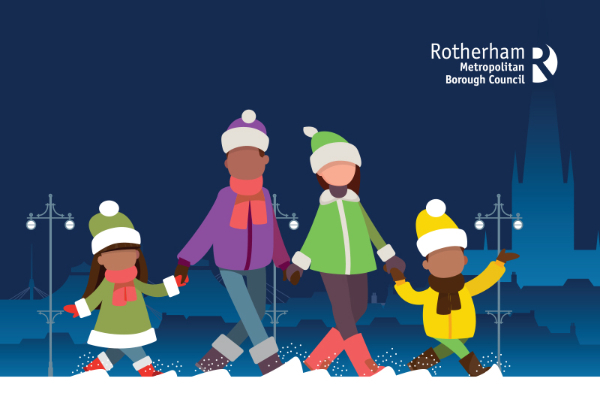 A family walking in Rotherham in snow.