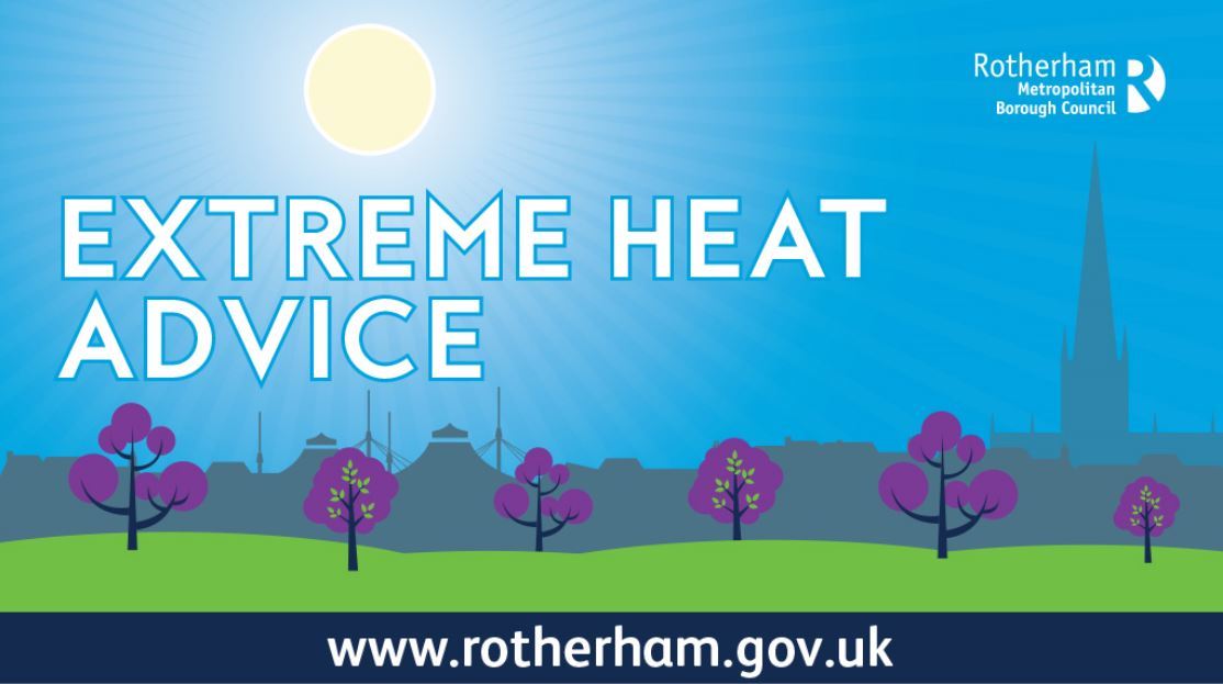 Extreme heat graphic, Sun over town skyline.