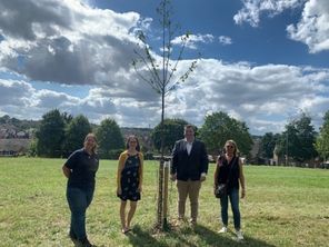 People stood beside recently planted tree