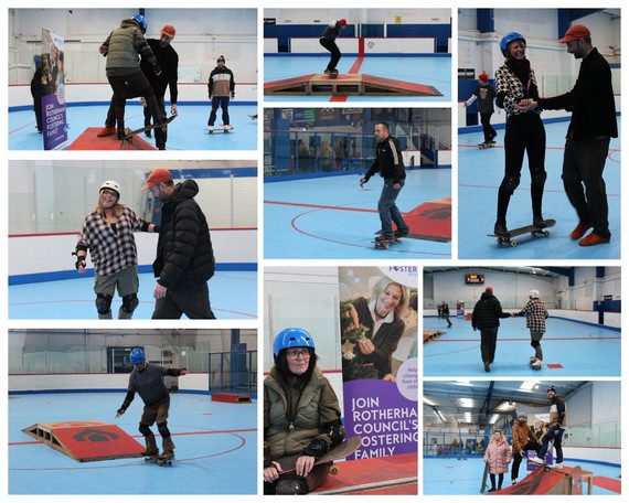 Individual photos of people skateboarding indoors