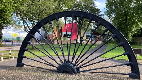 Coronation park with old pit wheel and view to Resource Centre