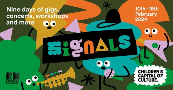 Signals Festival colourful graphic of shapes playing musical instruments 