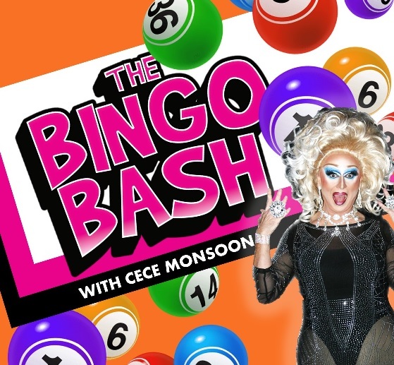 Drag artist in front of bingo sign with colourful balls 